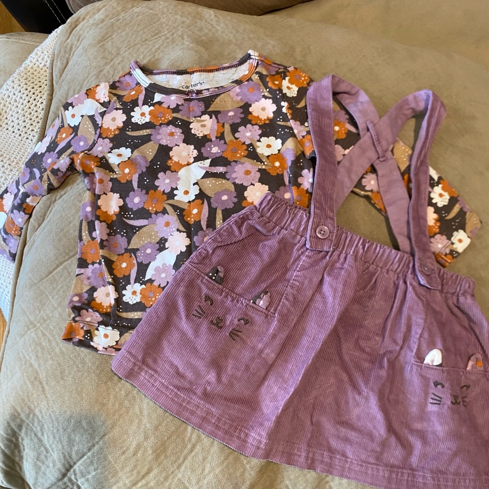 Carter's Purple Floral Long-Sleeve Top with Purple Corduroy Pinafore
